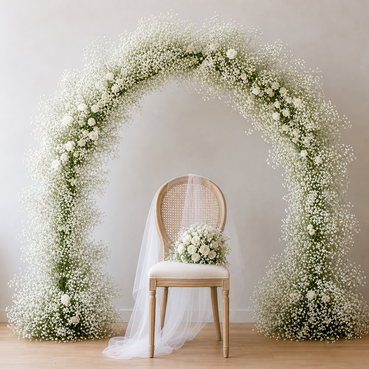Round baby's breath floral arch with accent chair