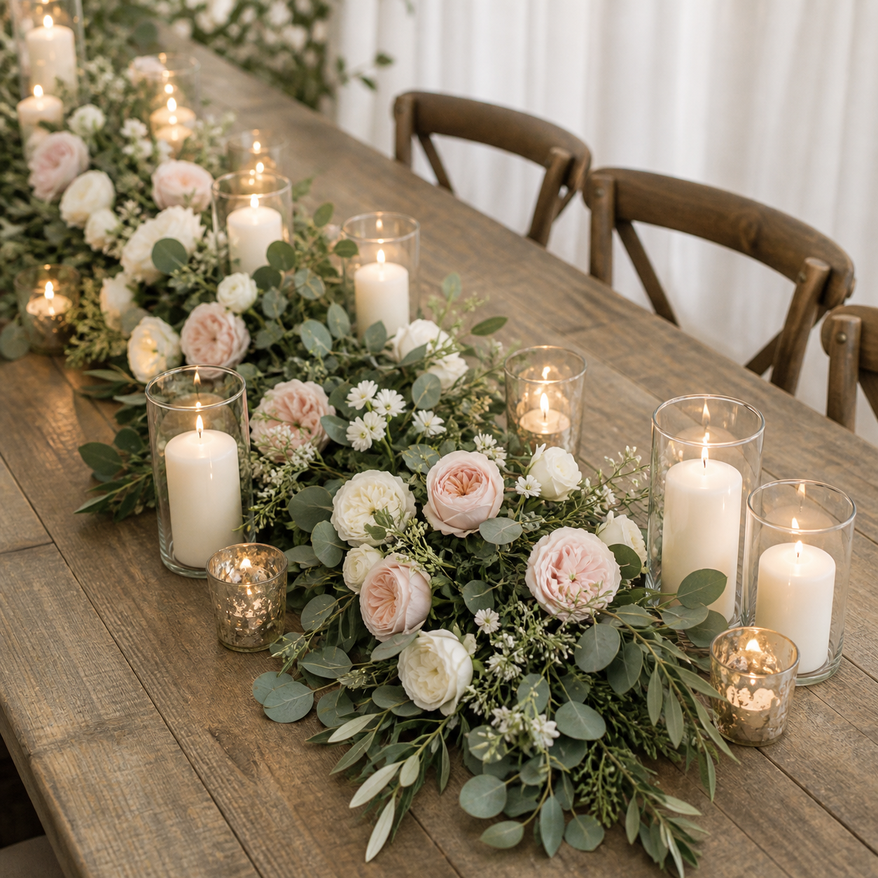 Blush rose and greenery table garland with candles