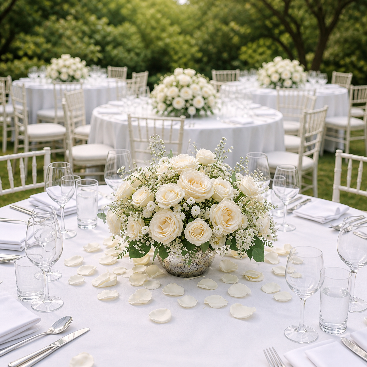 Outdoor garden reception with round tables and white centerpieces