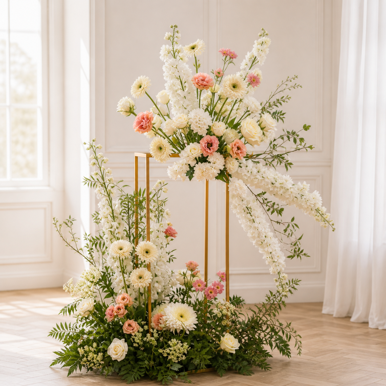 Tall statement floral stand with pink and white garden blooms