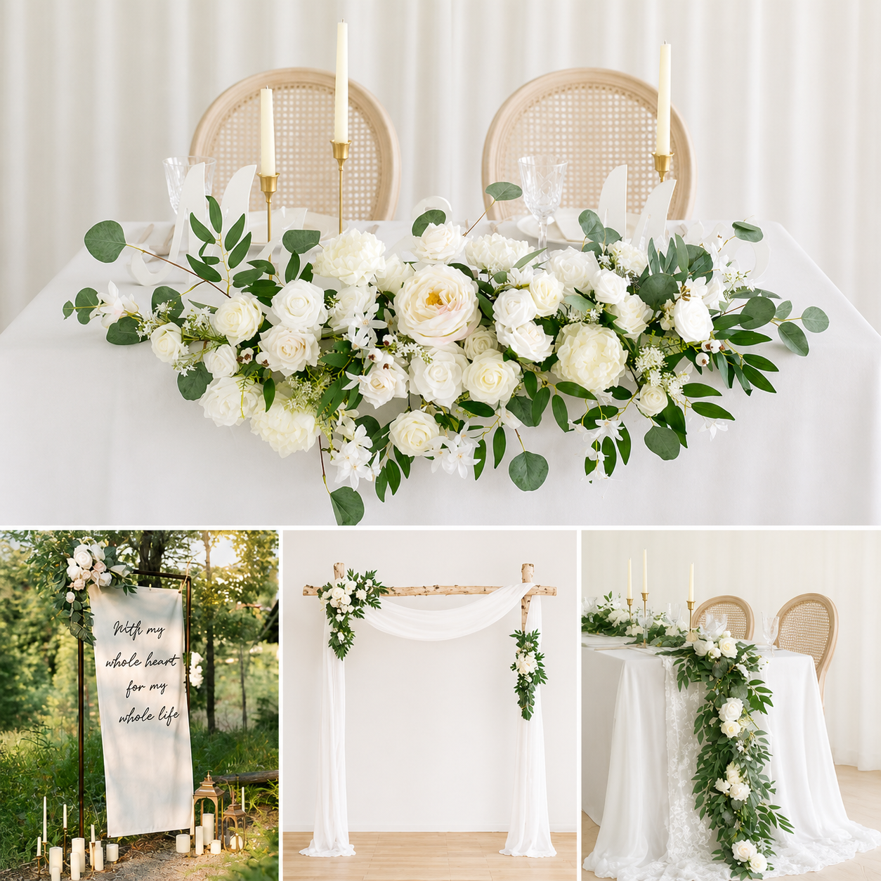 All-white wedding styling with florals, welcome sign and arch
