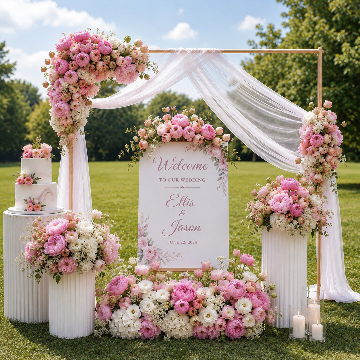 Outdoor wedding welcome arch with pink and white peonies